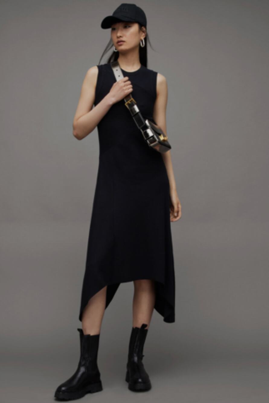AllSaints Gia Black Asymmetric Maxi Dress Ribbed High Low Size 6